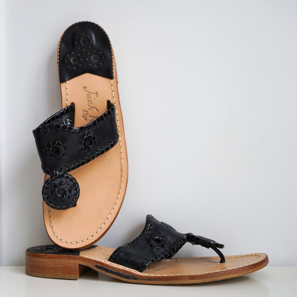 EUC Jack Rogers Whipstitched Flip Flop Women, Black/Black Patent, US 7
